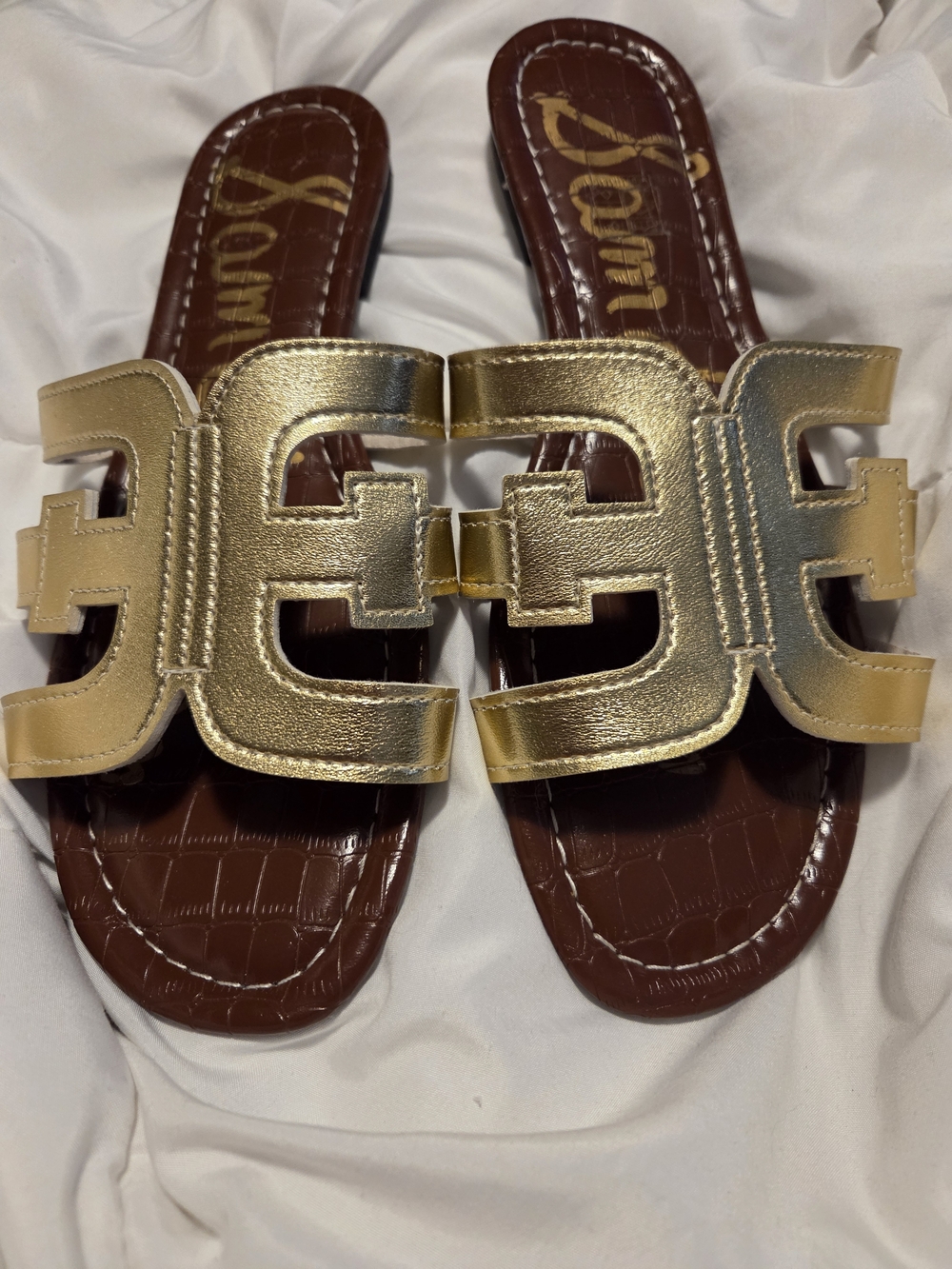 Sam Edelman Metallic Gold Cutout Slide Sandals with Brown Footbed - Picture 3 of 4